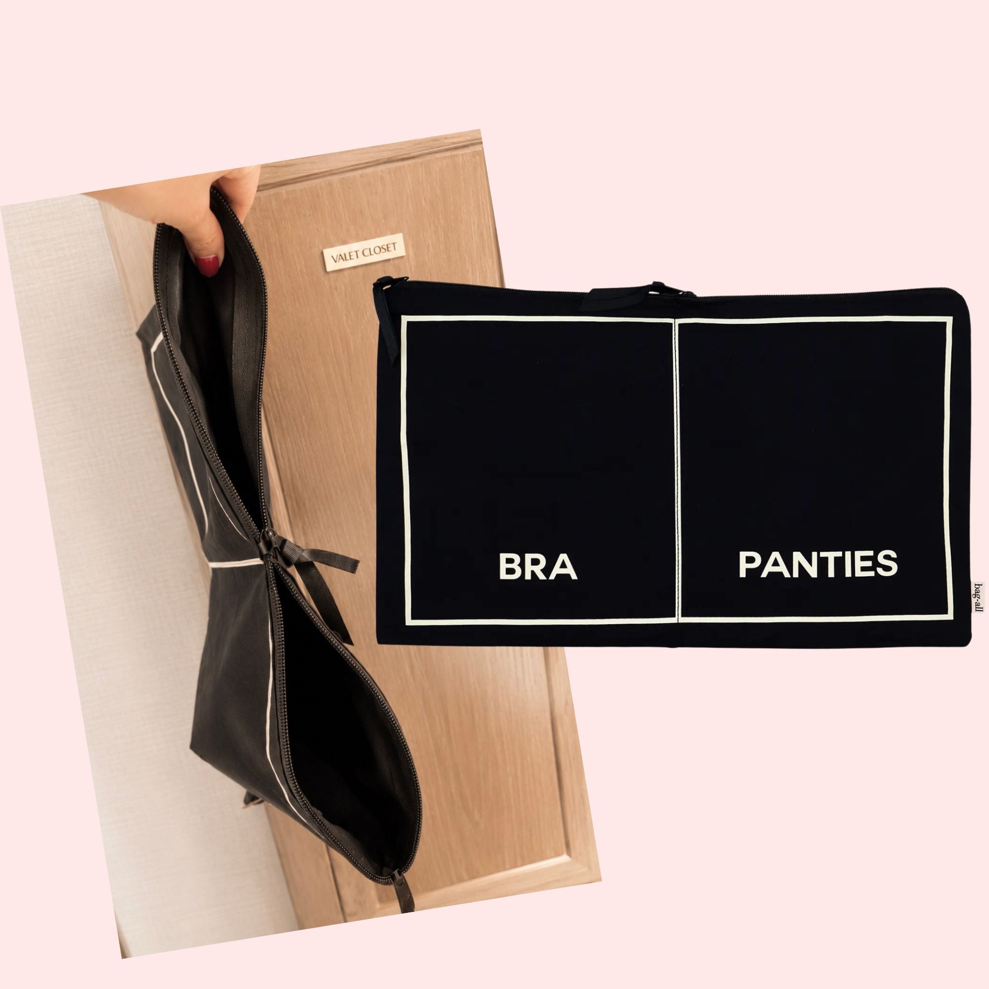 Black lingerie organizer with 'BRA' and 'PANTIES' labels next to a valet closet in a hotel room.