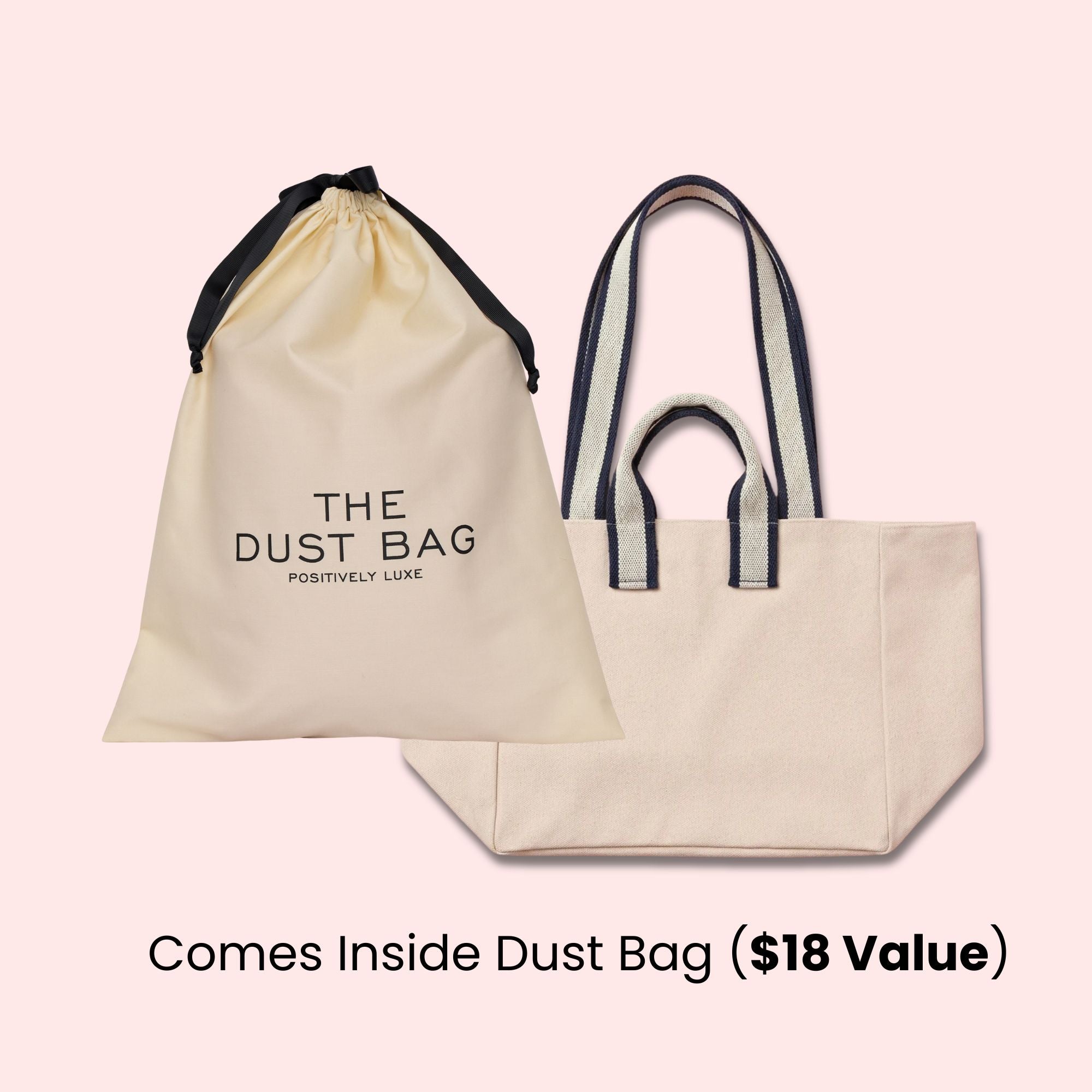 Bridesmaid gift canvas tote bag with navy stripe handles and custom name patch