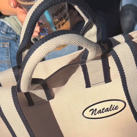 canvas tote bag with custom name patch for the busy girl running errands