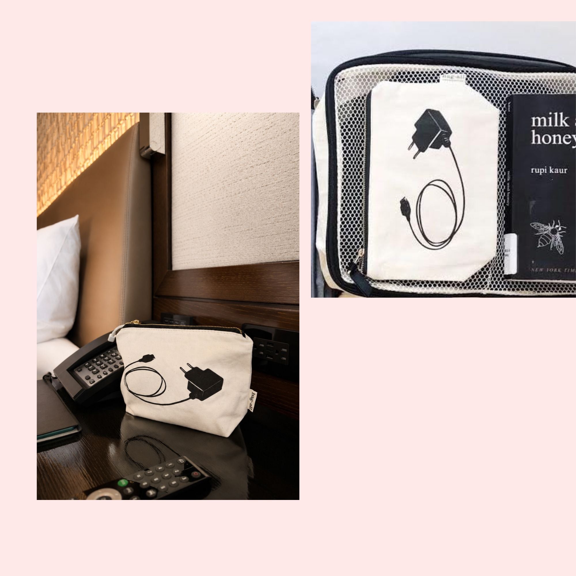 Small pouch with plug design on a desk next to a book and charger pouch next to hotel bedside