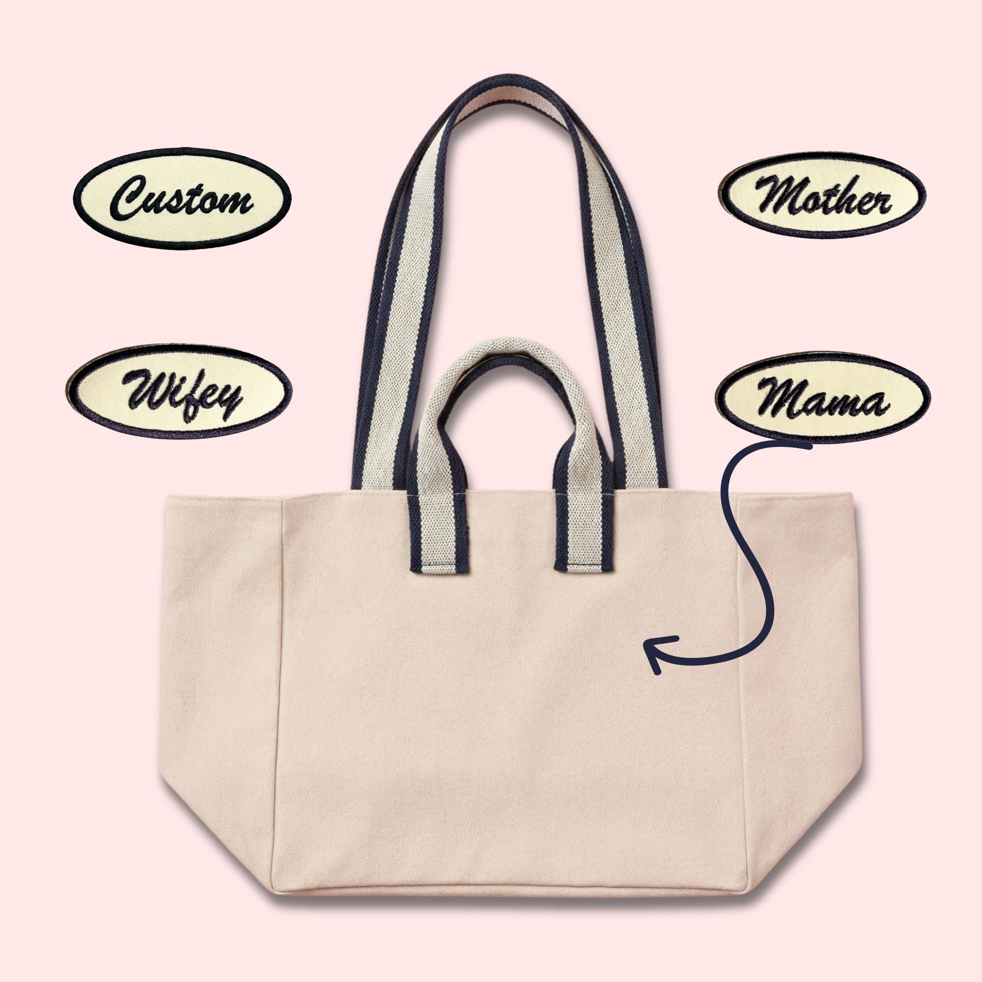 Custom canvas tote bag with name patch in off-white cotton and navy stripe handles