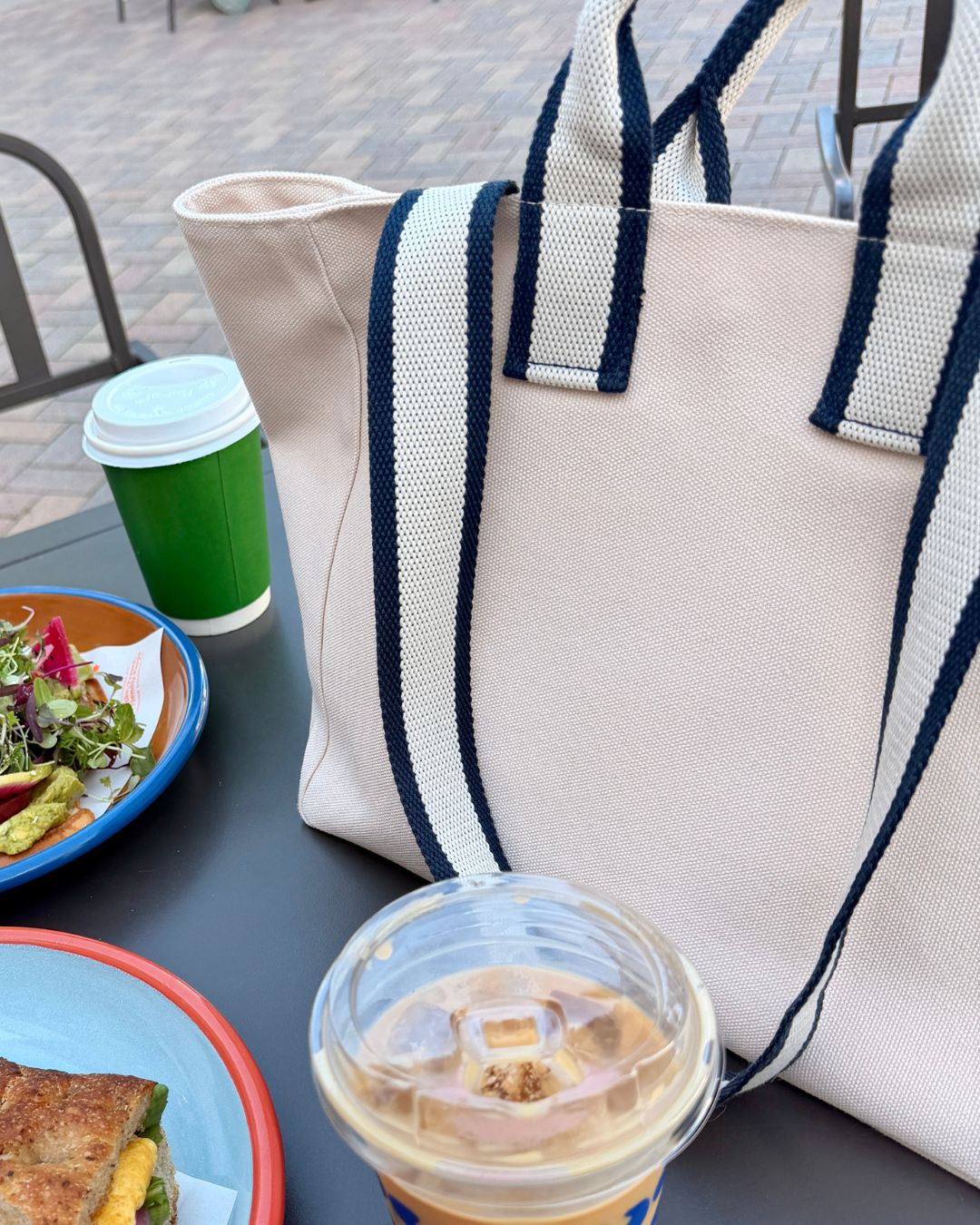 Custom canvas tote bag in off-white cotton and navy stripe handles