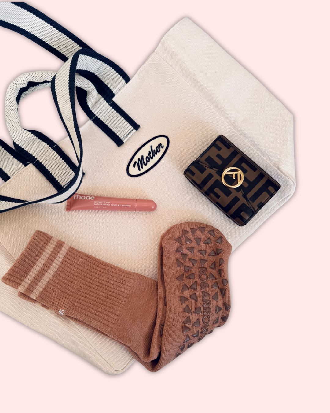 Custom canvas tote bag with mother name patch in off-white cotton and navy stripe handles- perfect gift for the mom