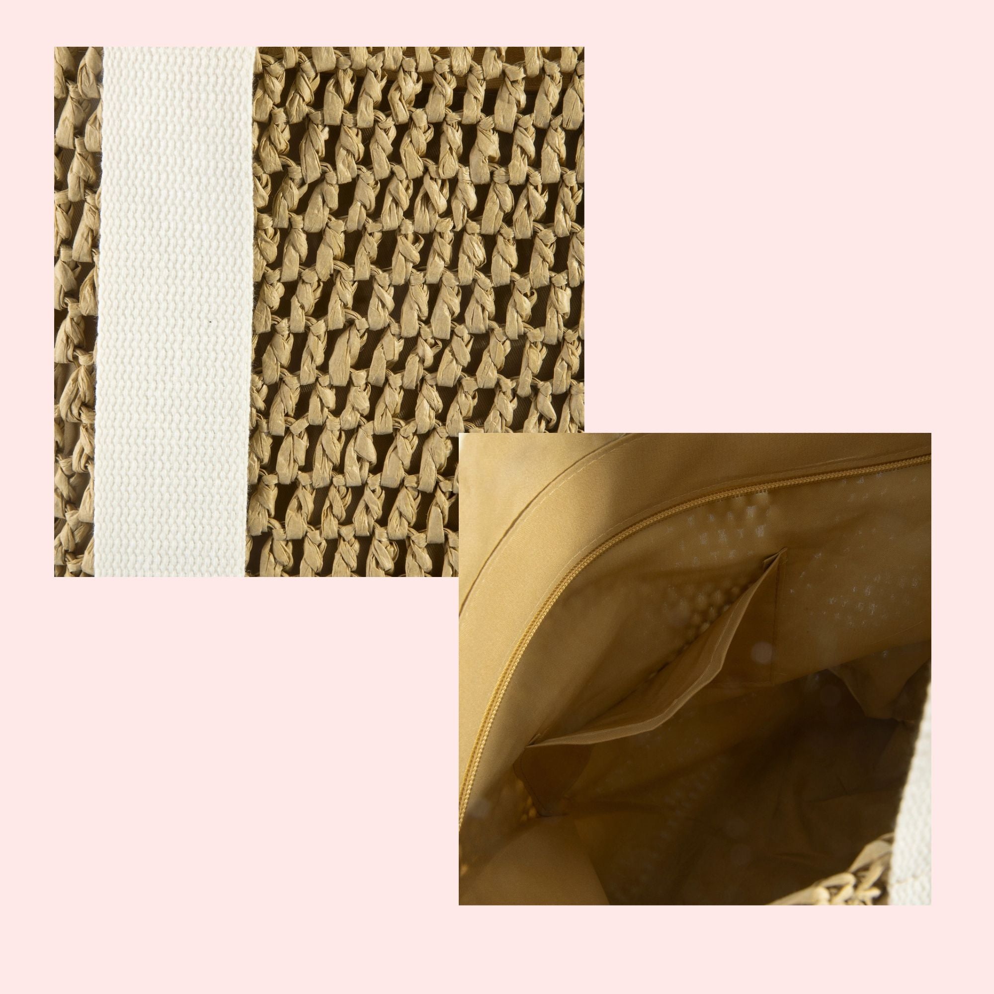 Textured fabric swatches and a close-up of a woven material on a pink background