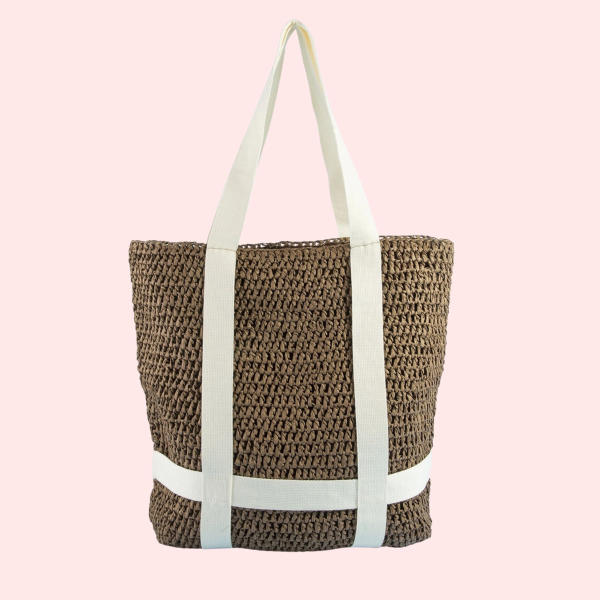 Woven tote bag with white straps on a pink background