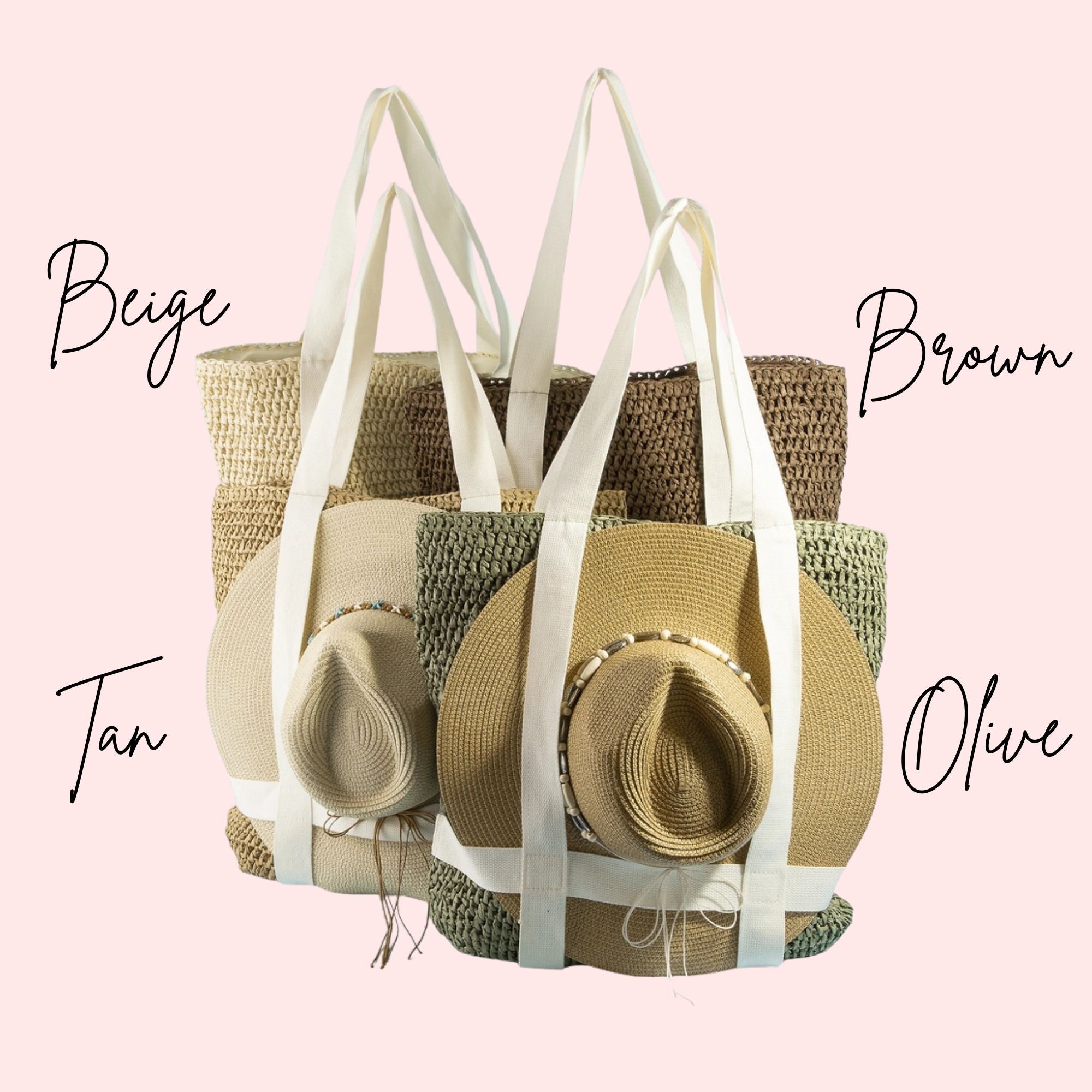 Set of straw bags and hats with color options labeled on a pink background