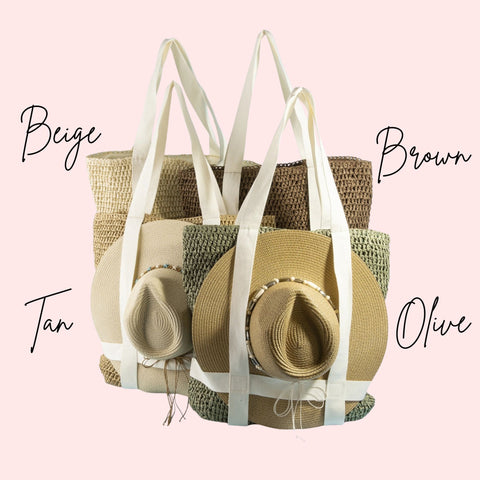 Set of straw bags and hats with color options labeled on a pink background