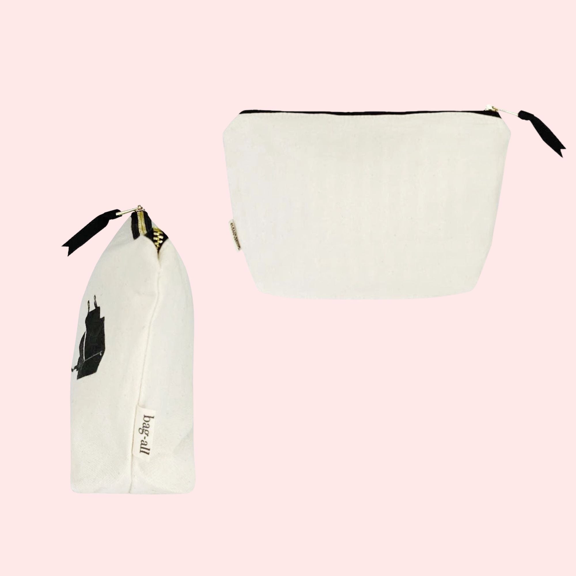 Two gradient pouches with a black zipper on a light pink background